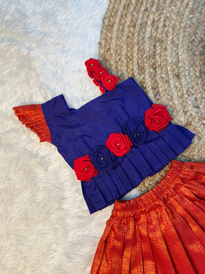 Dark Blue & Red Rose Pattu Pavadai | CPM_0515