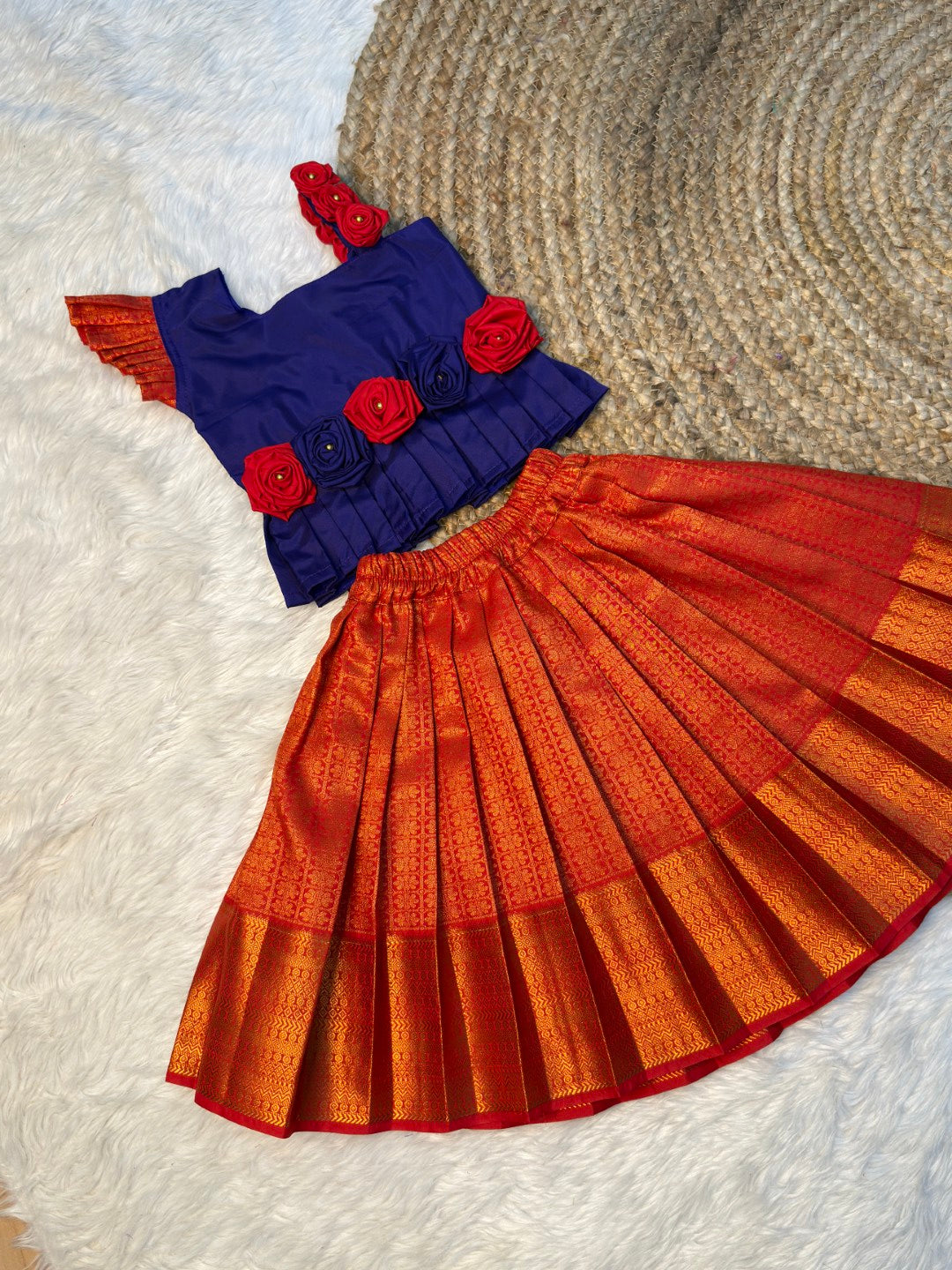 Dark Blue & Red Rose Pattu Pavadai | CPM_0515