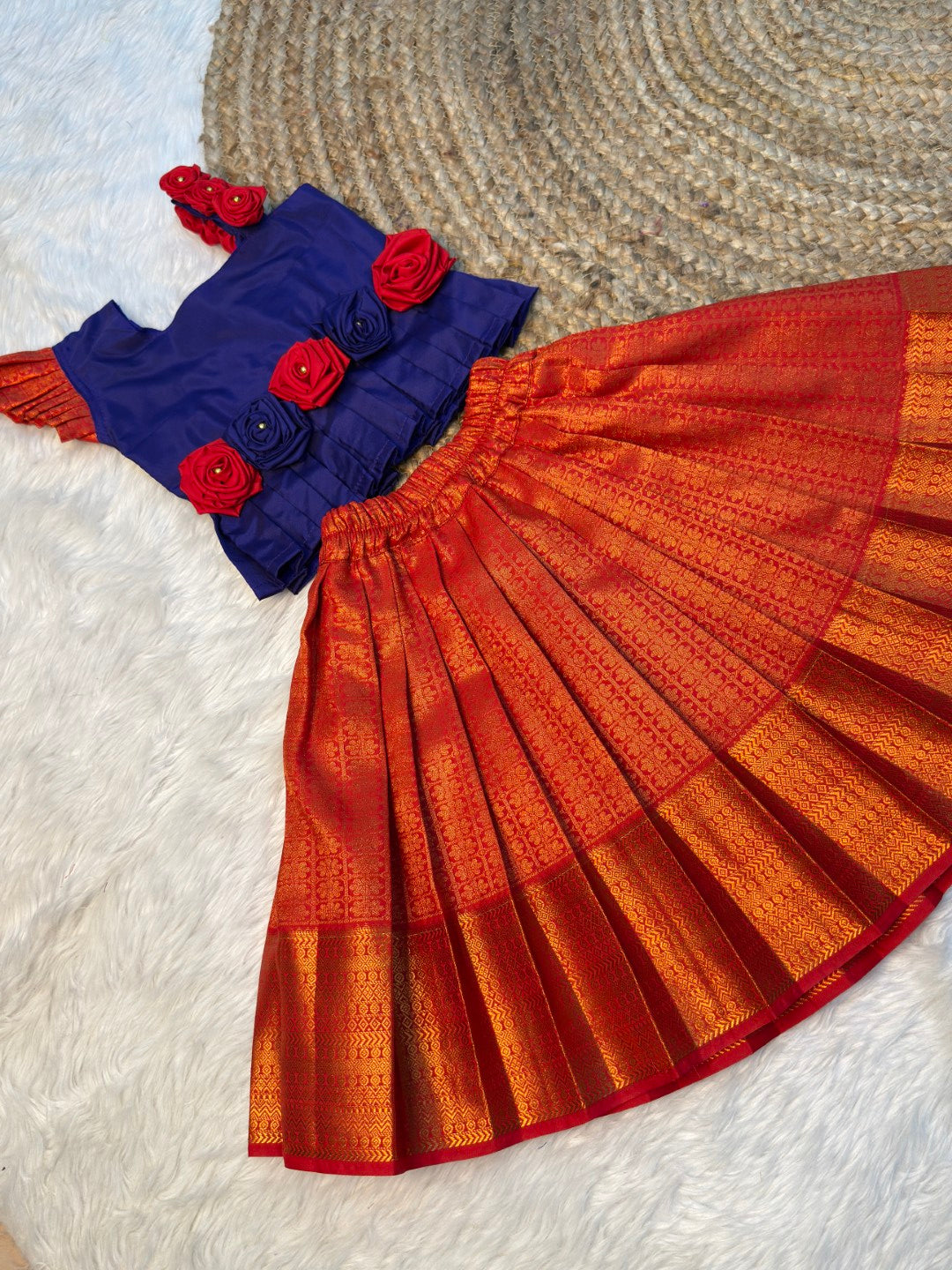 Dark Blue & Red Rose Pattu Pavadai | CPM_0515