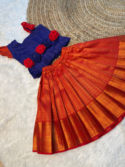Dark Blue & Red Rose Pattu Pavadai | CPM_0515