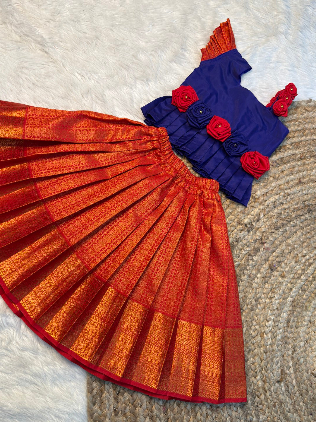 Dark Blue & Red Rose Pattu Pavadai | CPM_0515