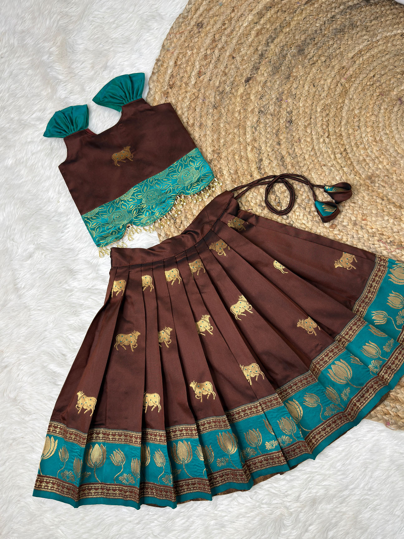 Brown & Ramar Blue Soft Silk Paithani Top and Skirt | CPM_0516