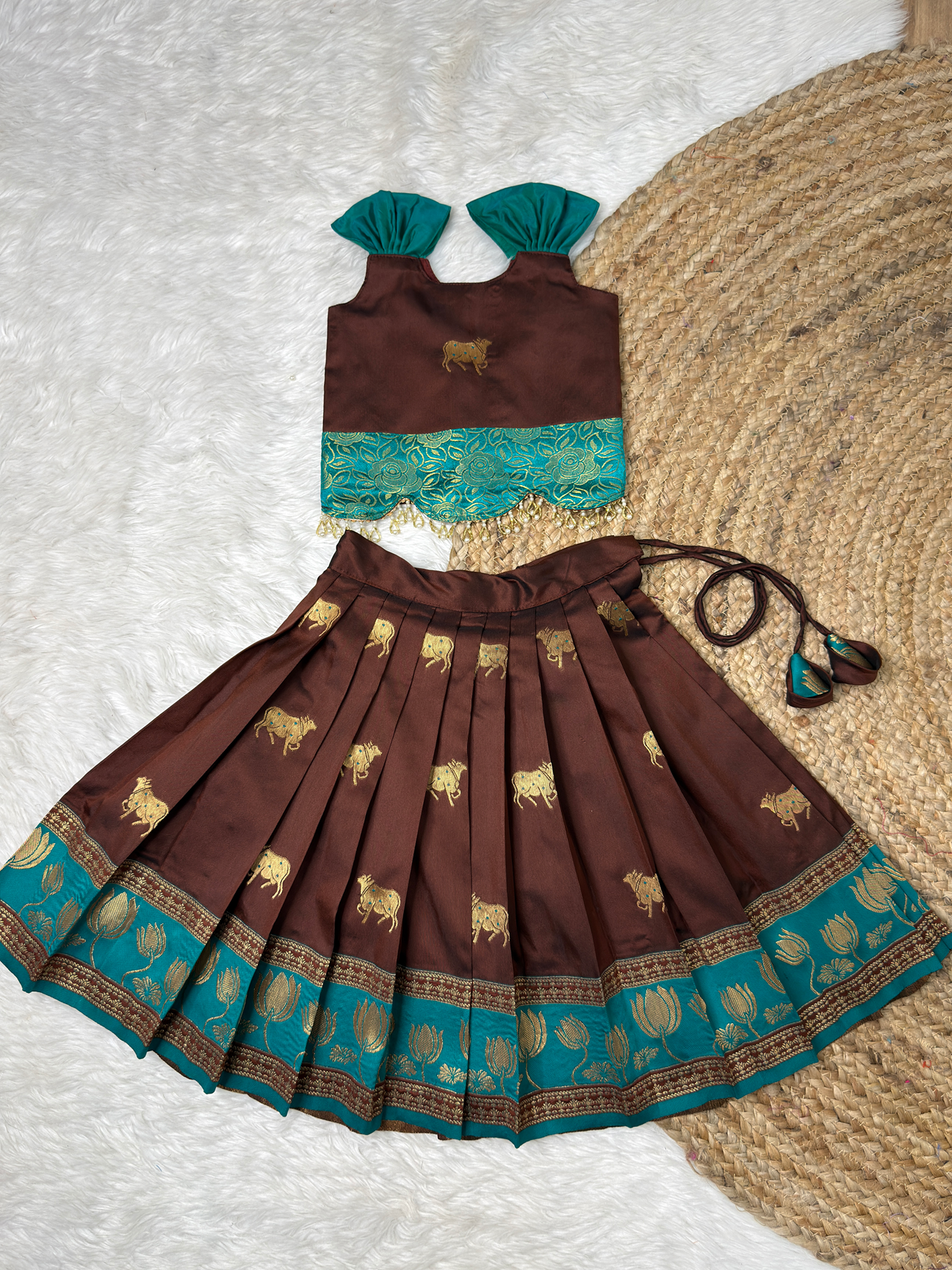 Brown & Ramar Blue Soft Silk Paithani Top and Skirt | CPM_0516