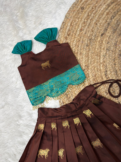 Brown & Ramar Blue Soft Silk Paithani Top and Skirt | CPM_0516