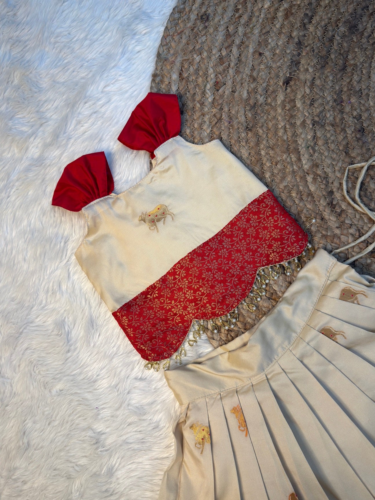 Cream and Red Soft Silk Paithani Top and Skirt | CPM_0517