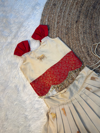 Cream and Red Soft Silk Paithani Top and Skirt | CPM_0517