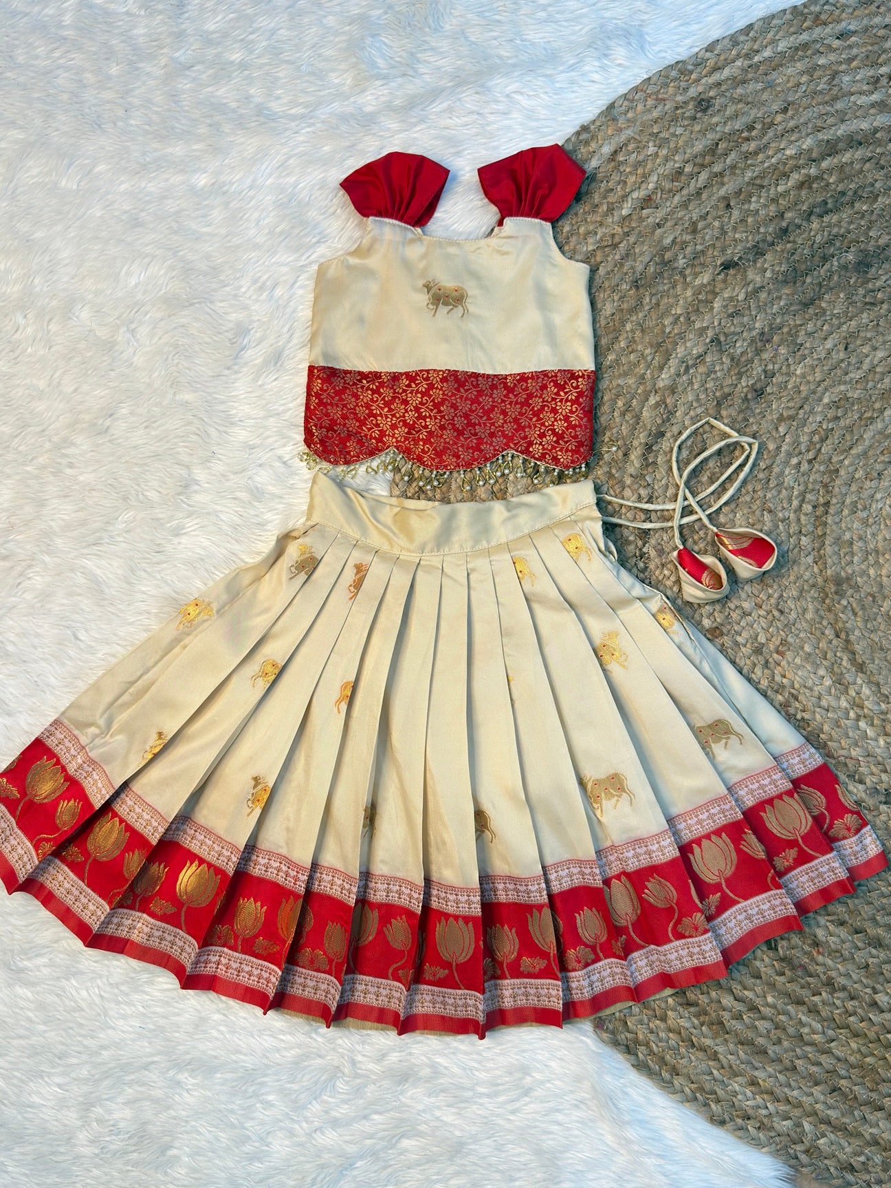 Cream and Red Soft Silk Paithani Top and Skirt | CPM_0517