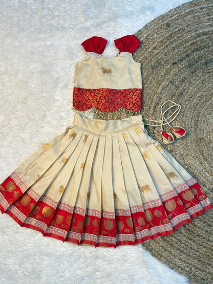 Cream and Red Soft Silk Paithani Top and Skirt | CPM_0517