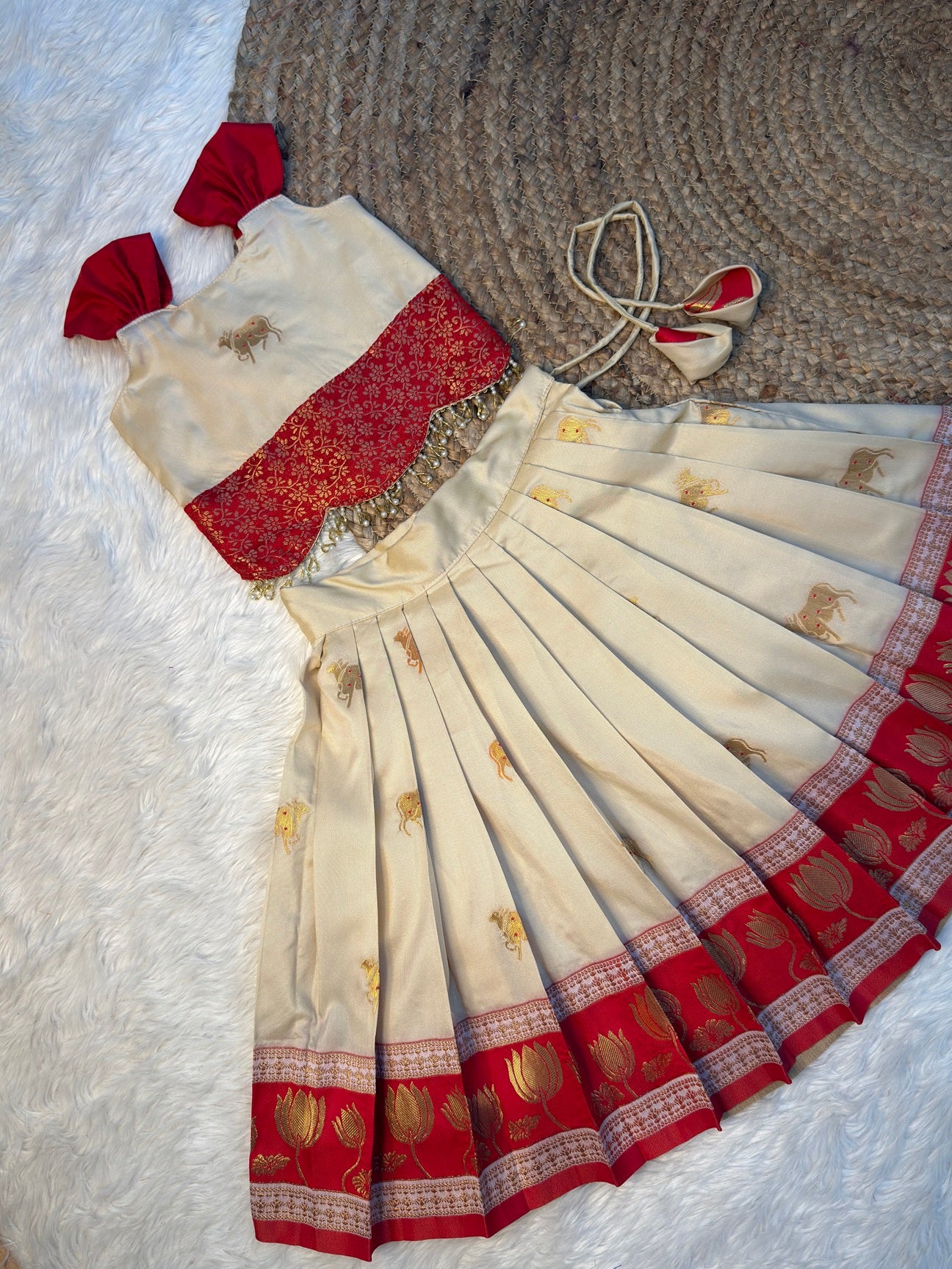 Cream and Red Soft Silk Paithani Top and Skirt | CPM_0517