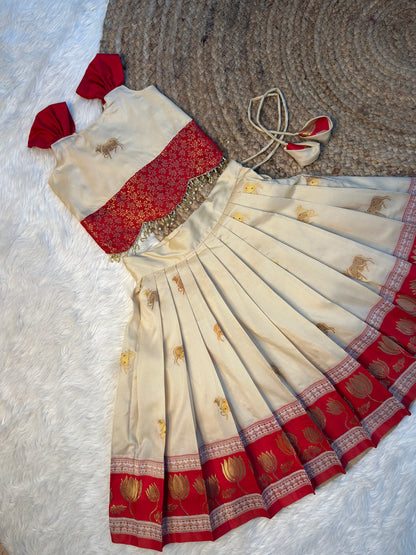 Cream and Red Soft Silk Paithani Top and Skirt | CPM_0517
