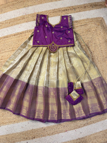 White & Purple Premium Tissue Silk Half Saree with Aari Work | CPM_0518