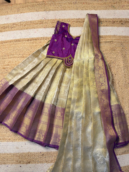 White & Purple Premium Tissue Silk Half Saree with Aari Work | CPM_0518