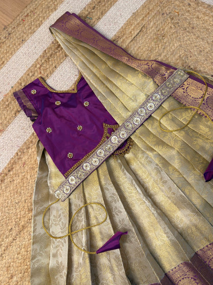 White & Purple Premium Tissue Silk Half Saree with Aari Work | CPM_0518