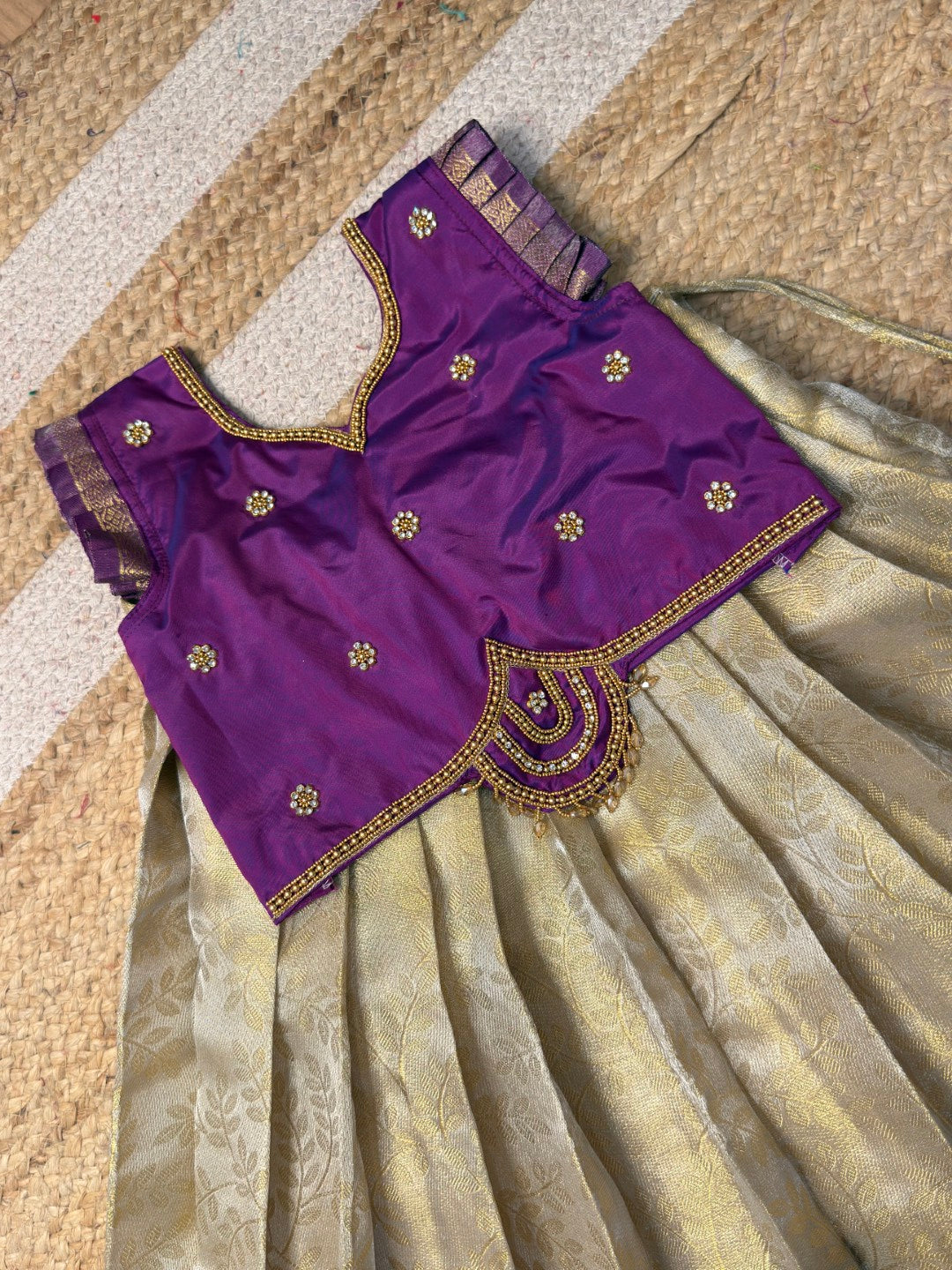 White & Purple Premium Tissue Silk Half Saree with Aari Work | CPM_0518