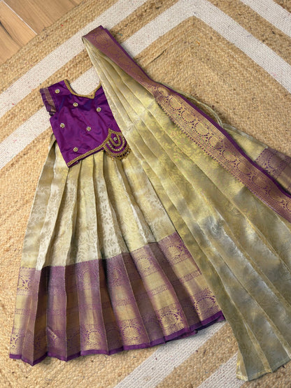 White & Purple Premium Tissue Silk Half Saree with Aari Work | CPM_0518