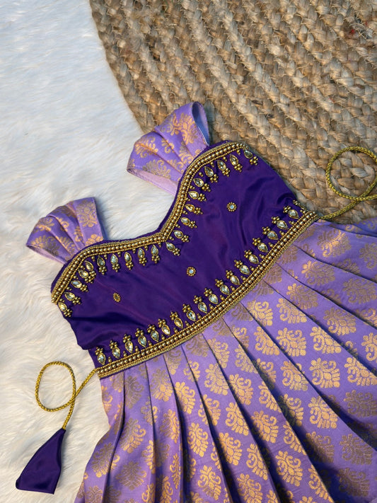 Lavender Kanchi Soft Silk Aari Sleeveless Gown | CPM_0519
