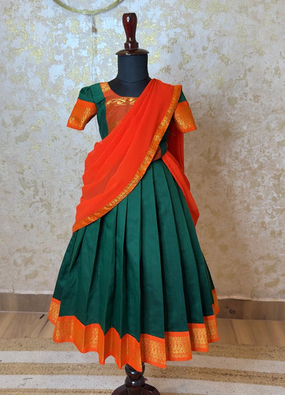 Green & Orange Kalyani Cotton Blouse, Skirt & Georgette Half Saree Set | CPM_0521