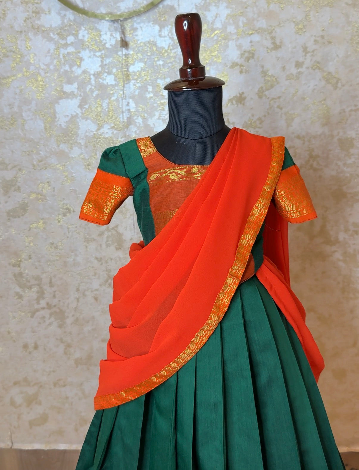 Green & Orange Kalyani Cotton Blouse, Skirt & Georgette Half Saree Set | CPM_0521