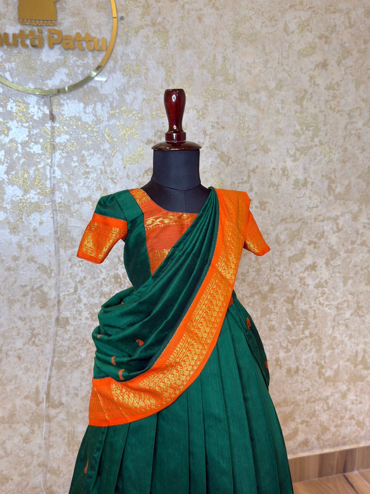 Green & Orange Kalyani Cotton Blouse, Skirt & Half Saree Set | CPM_0522