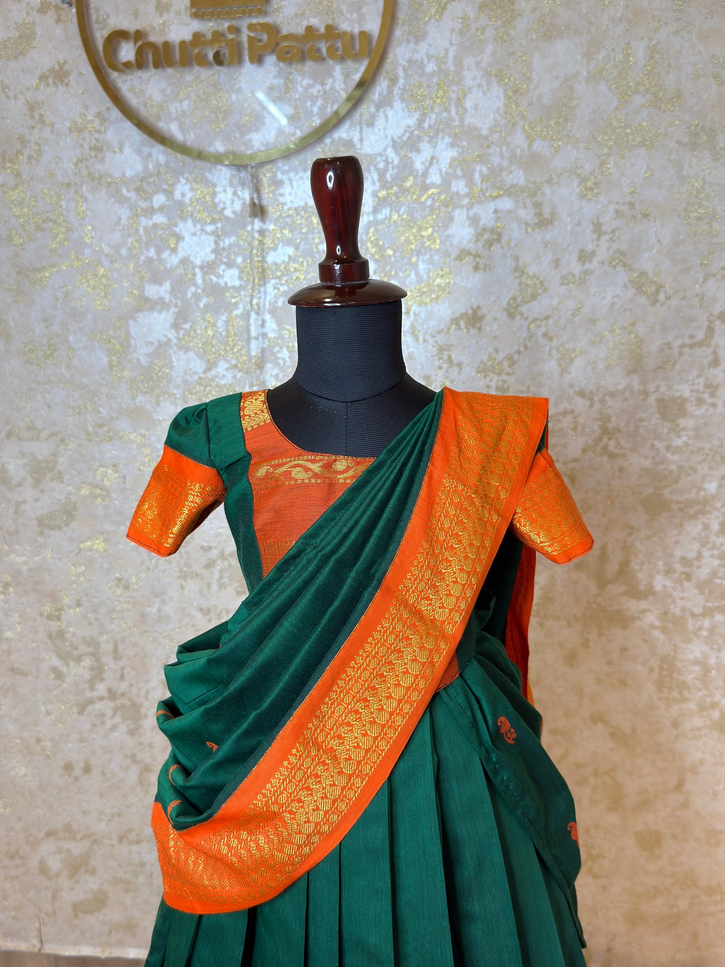Green & Orange Kalyani Cotton Blouse, Skirt & Half Saree Set | CPM_0522