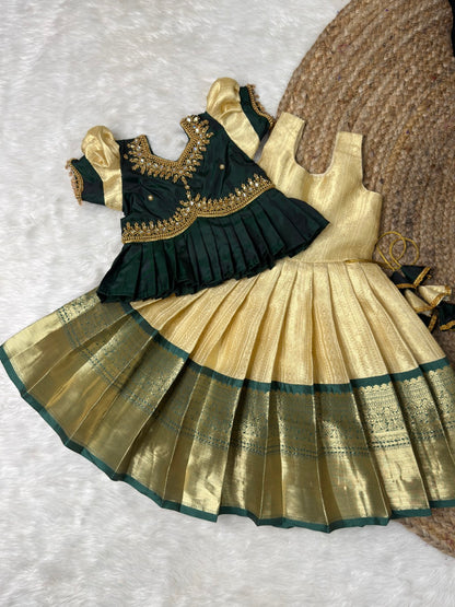 Malliga - White & Green Semi Kanchi Silk Aari Peplum Pattu Pavadai  | CPM_0525