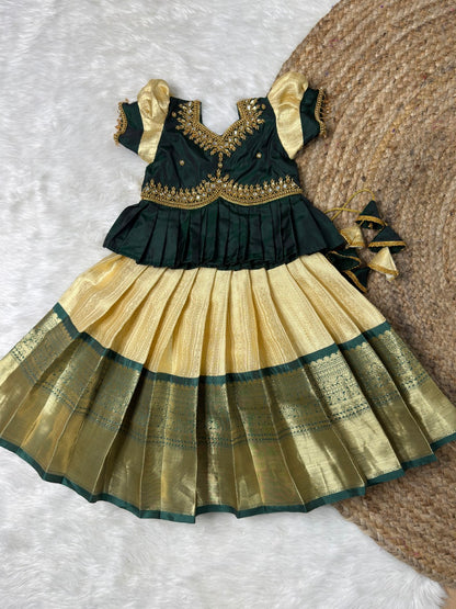 Malliga - White & Green Semi Kanchi Silk Aari Peplum Pattu Pavadai  | CPM_0525