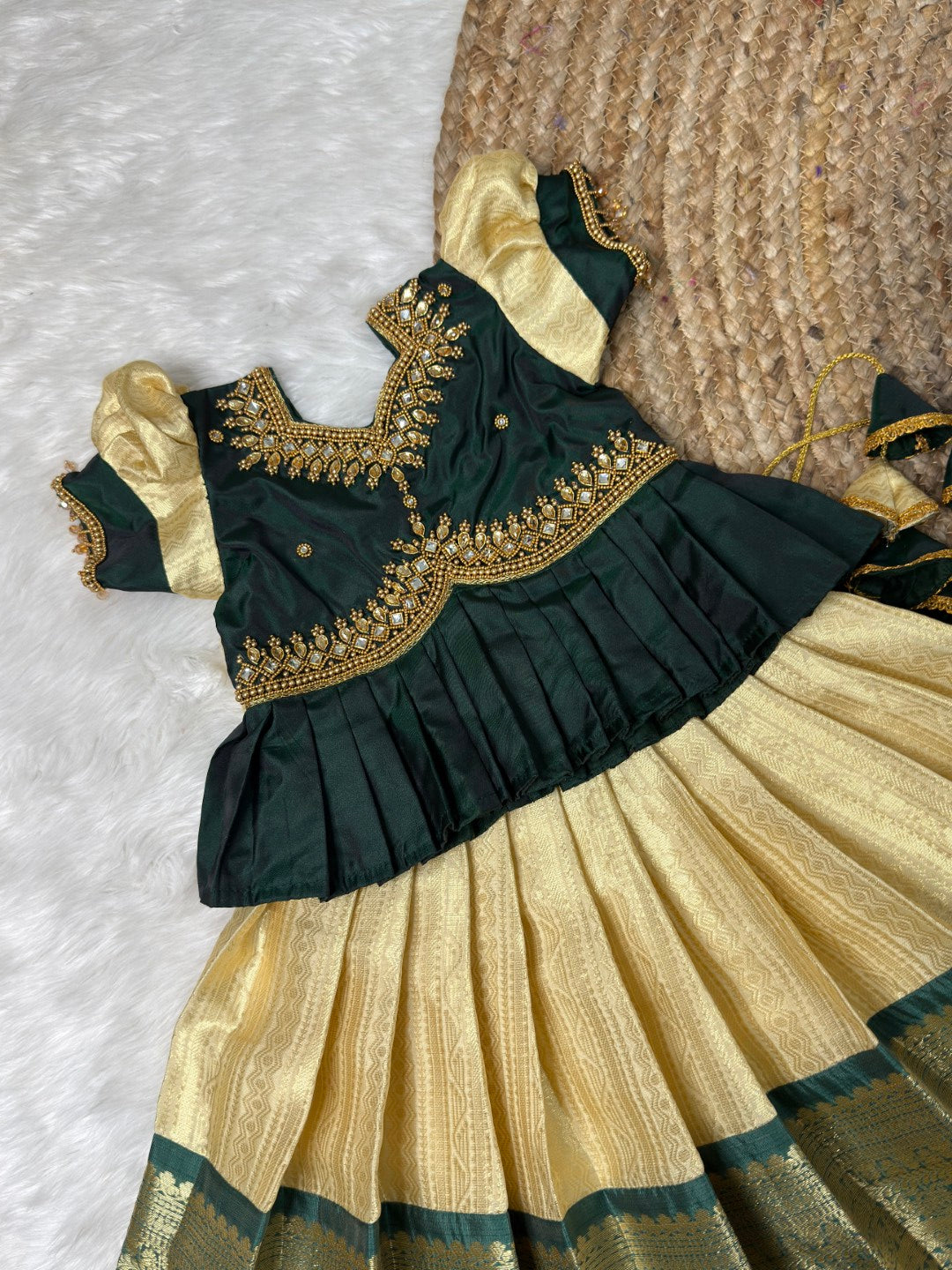 Malliga - White & Green Semi Kanchi Silk Aari Peplum Pattu Pavadai  | CPM_0525