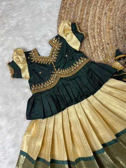 Malliga - White & Green Semi Kanchi Silk Aari Peplum Pattu Pavadai  | CPM_0525
