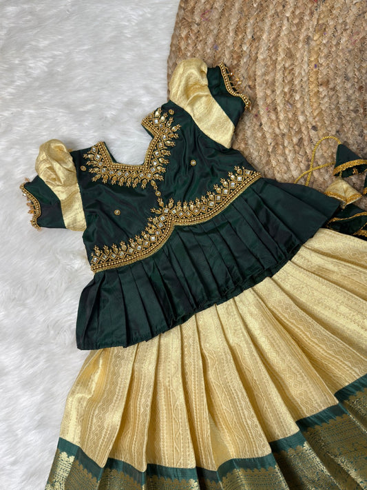 Malliga - White & Green Semi Kanchi Silk Aari Peplum Pattu Pavadai  | CPM_0525