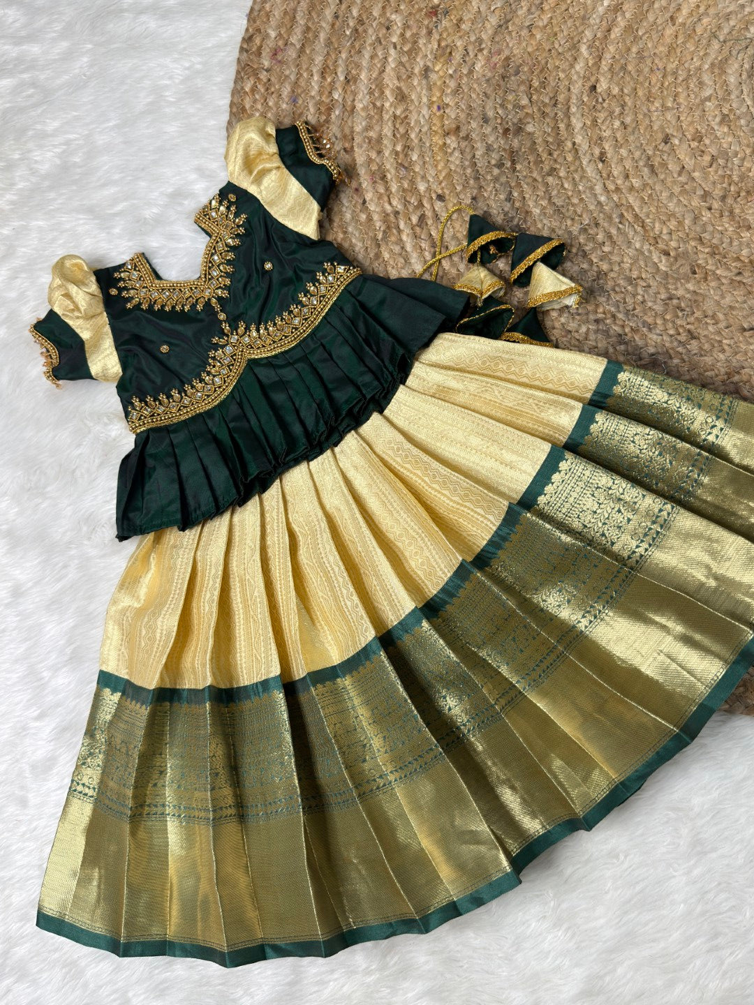 Malliga - White & Green Semi Kanchi Silk Aari Peplum Pattu Pavadai  | CPM_0525