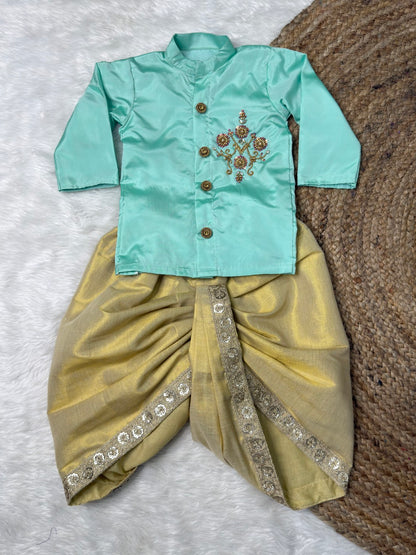 Mint & Pastel Gold Aari Kurta – Dhoti Set | CPM_0526