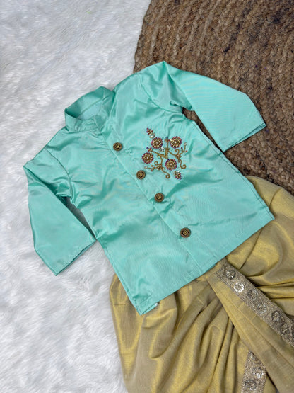 Mint & Pastel Gold Aari Kurta – Dhoti Set | CPM_0526