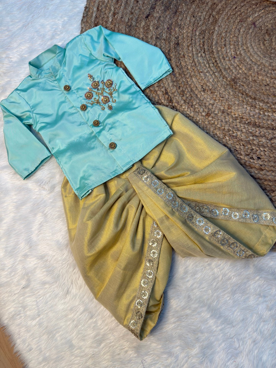 Mint & Pastel Gold Aari Kurta – Dhoti Set | CPM_0526