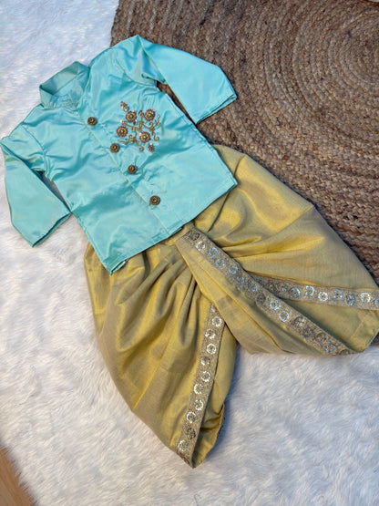 Mint & Pastel Gold Aari Kurta – Dhoti Set | CPM_0526