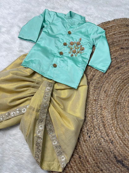 Mint & Pastel Gold Aari Kurta – Dhoti Set | CPM_0526