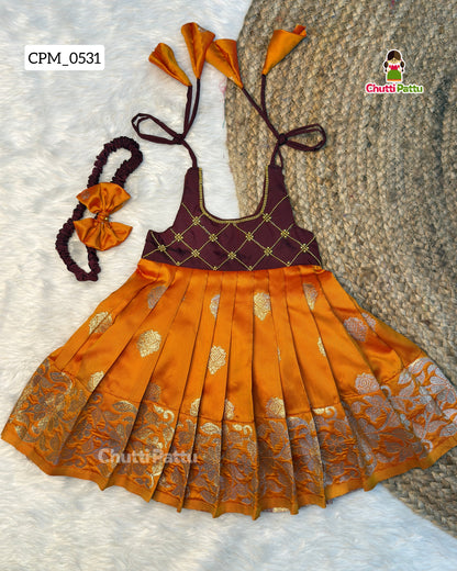 Brown & Rust Orange Criss-Cross Tie-Up Frock | CPM_0531