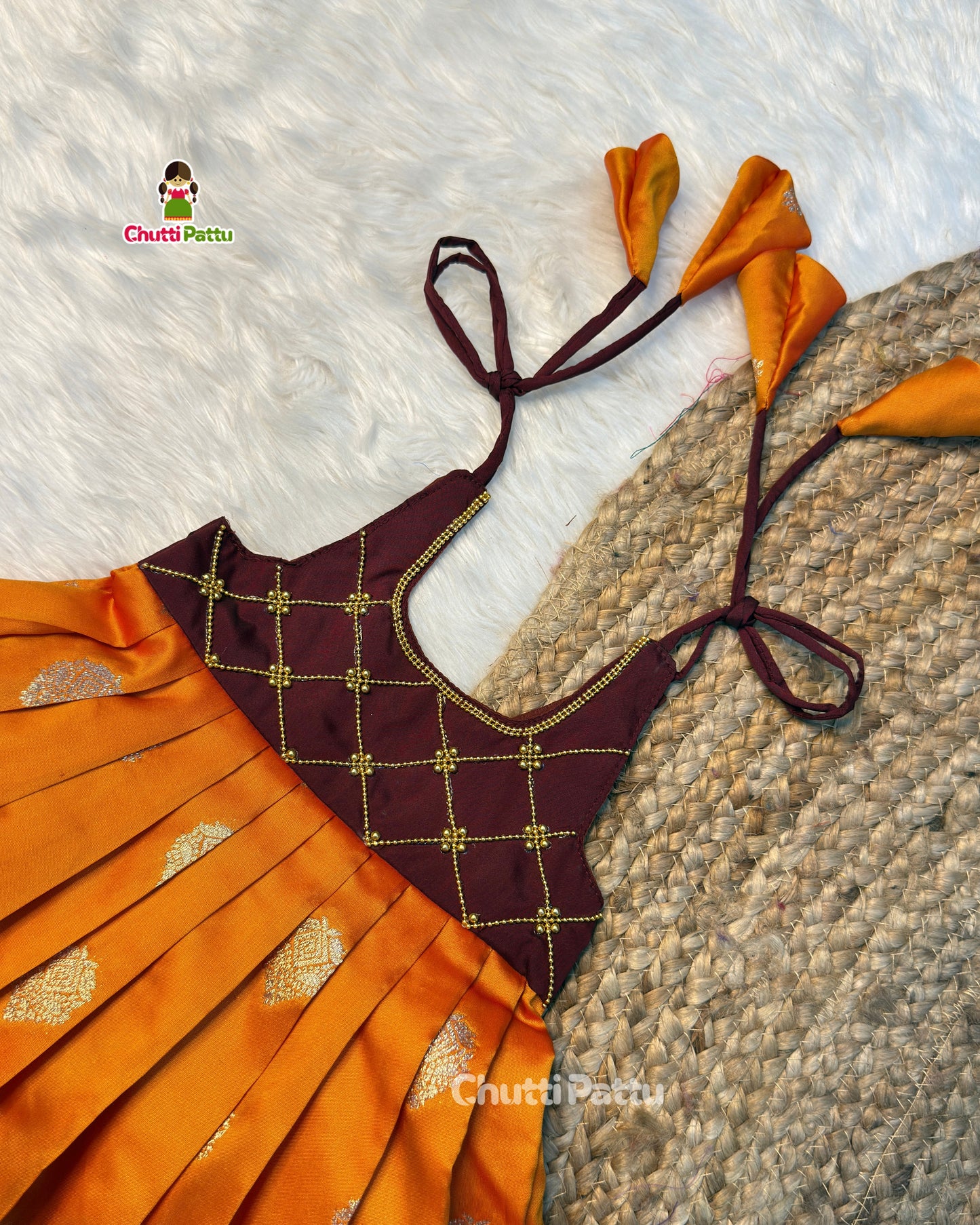 Brown & Rust Orange Criss-Cross Tie-Up Frock | CPM_0531