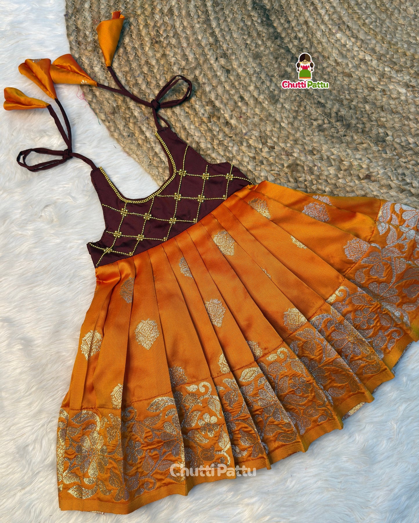 Brown & Rust Orange Criss-Cross Tie-Up Frock | CPM_0531