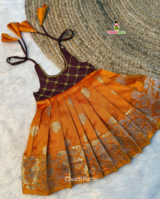 Brown & Rust Orange Criss-Cross Tie-Up Frock | CPM_0531