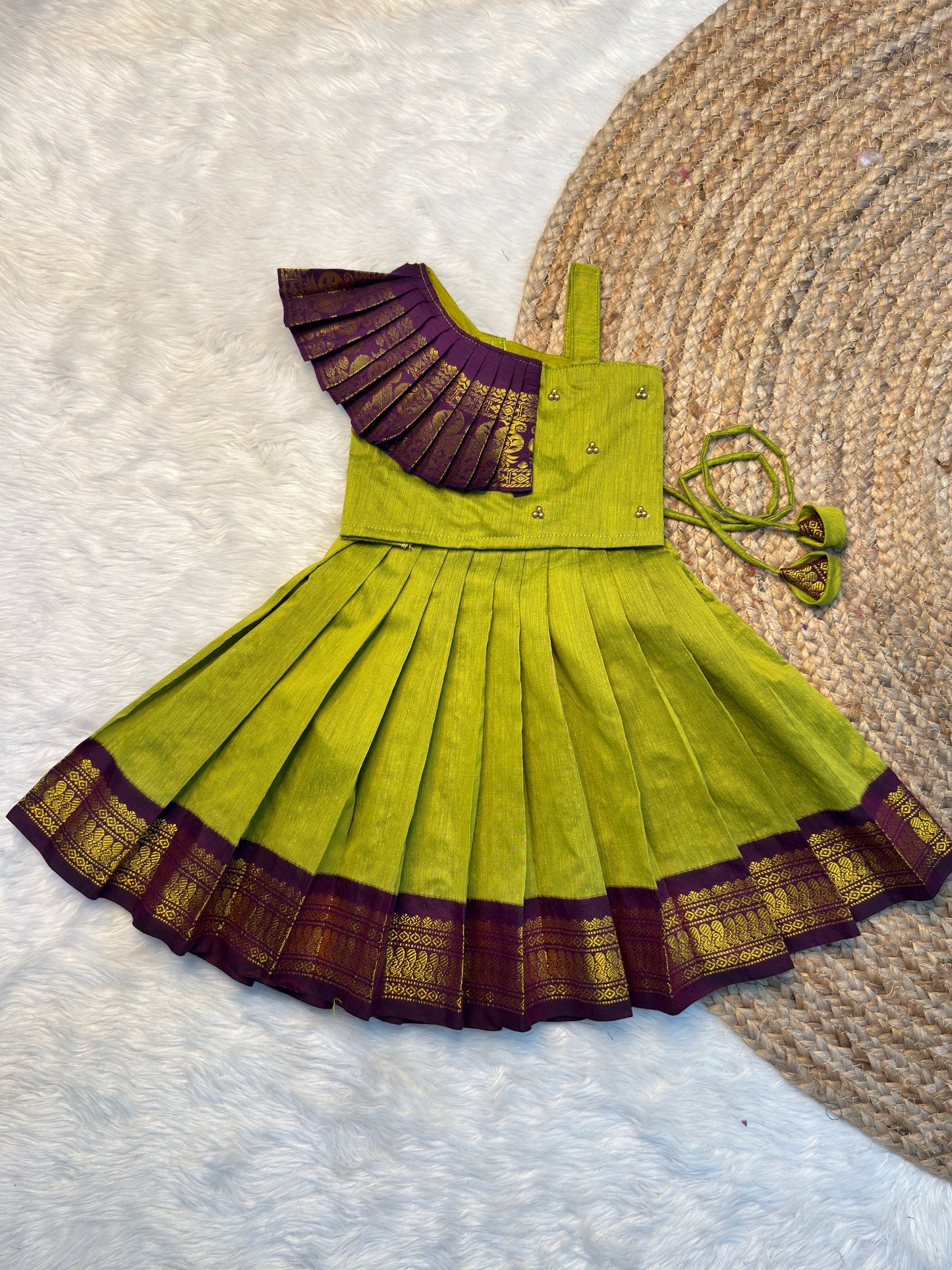 Parrot Green & Purple Kalyani Cotton Top & Skirt Set | CPM_0532