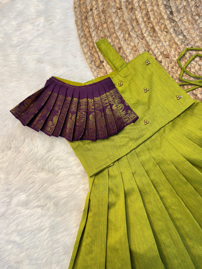 Parrot Green & Purple Kalyani Cotton Top & Skirt Set | CPM_0532
