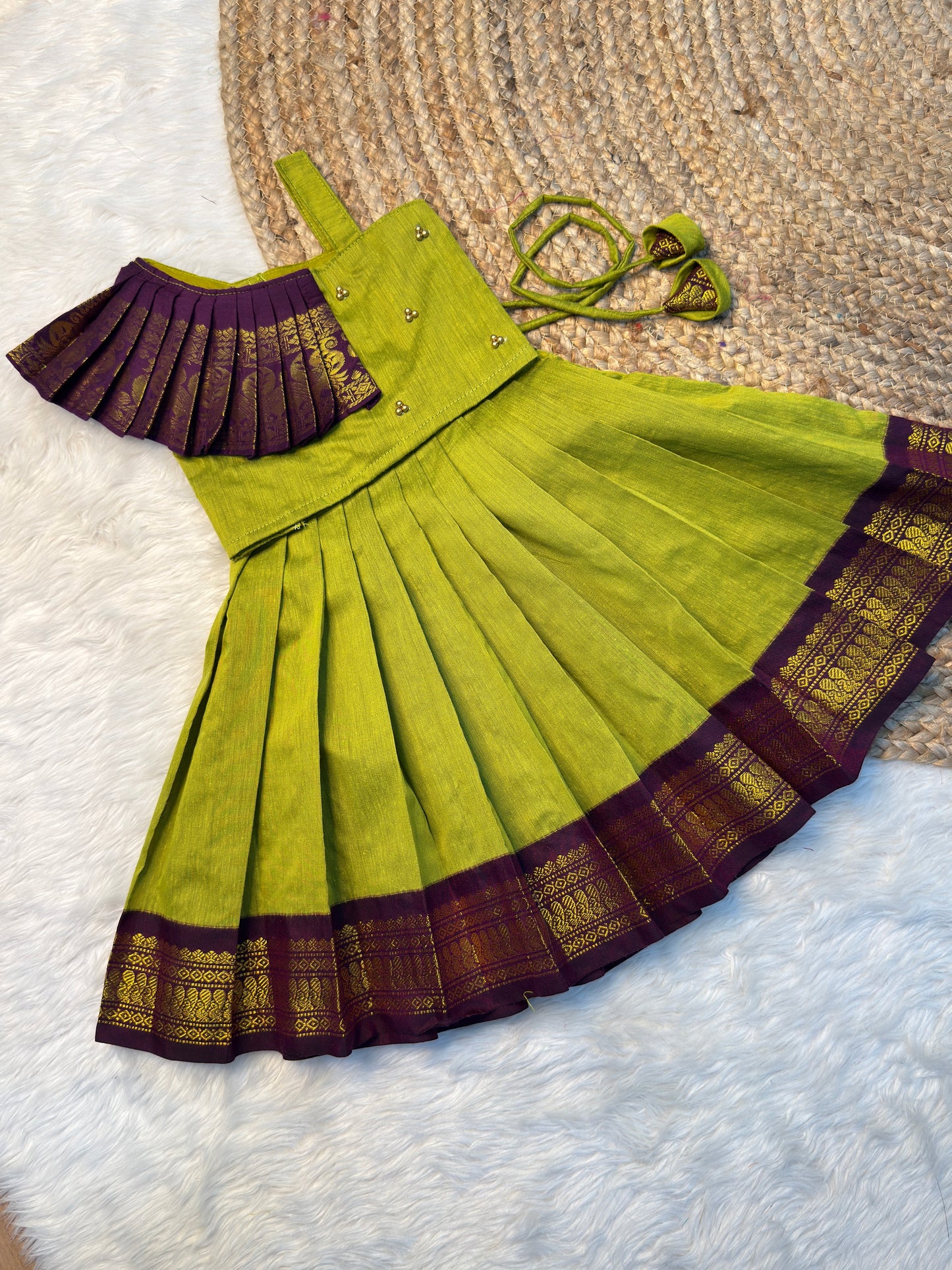 Parrot Green & Purple Kalyani Cotton Top & Skirt Set | CPM_0532