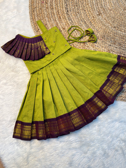 Parrot Green & Purple Kalyani Cotton Top & Skirt Set | CPM_0532