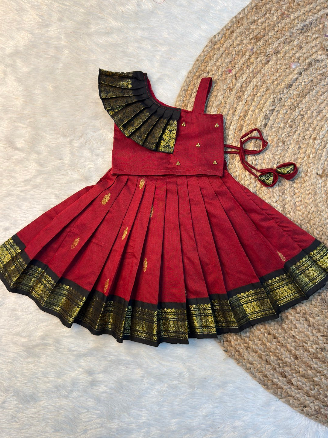 Red & Black Kalyani Cotton Top & Skirt Set | CPM_0533