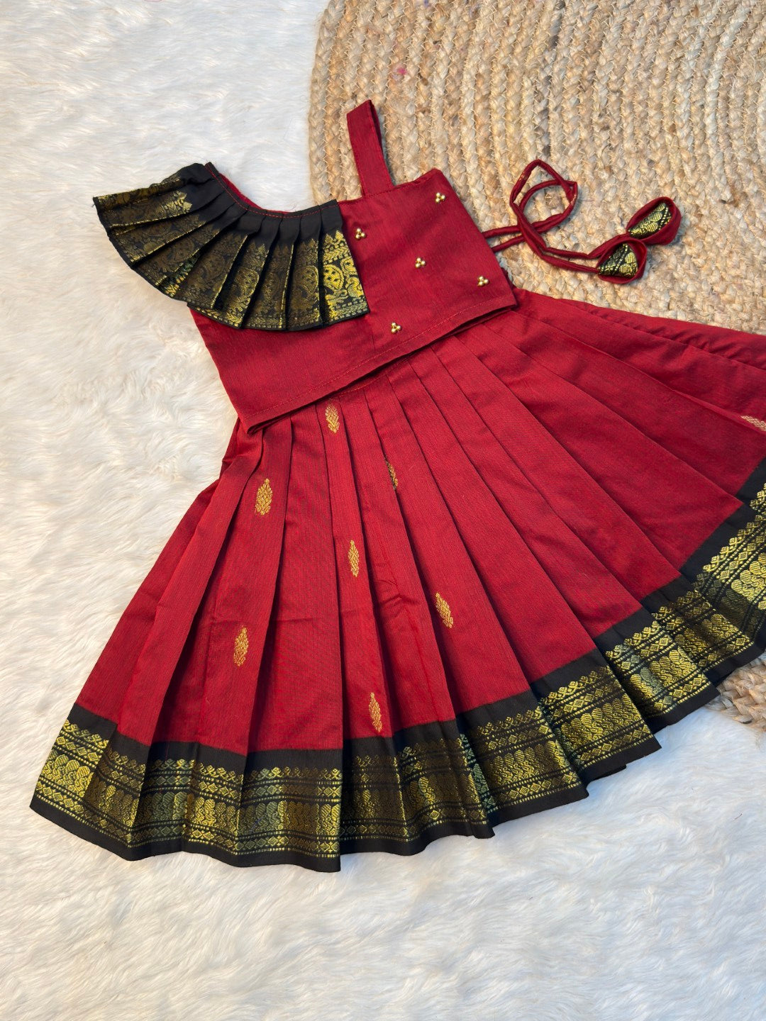 Red & Black Kalyani Cotton Top & Skirt Set | CPM_0533