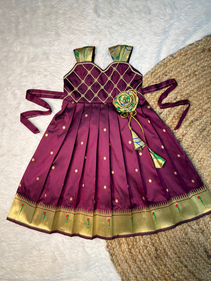 Purple Paithini Silk Sleeveless Rose Frock | CPM_0538