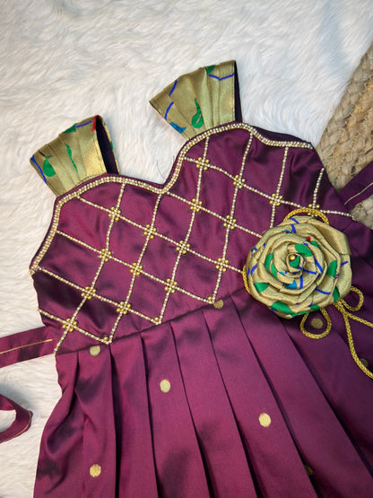 Purple Paithini Silk Sleeveless Rose Frock | CPM_0538