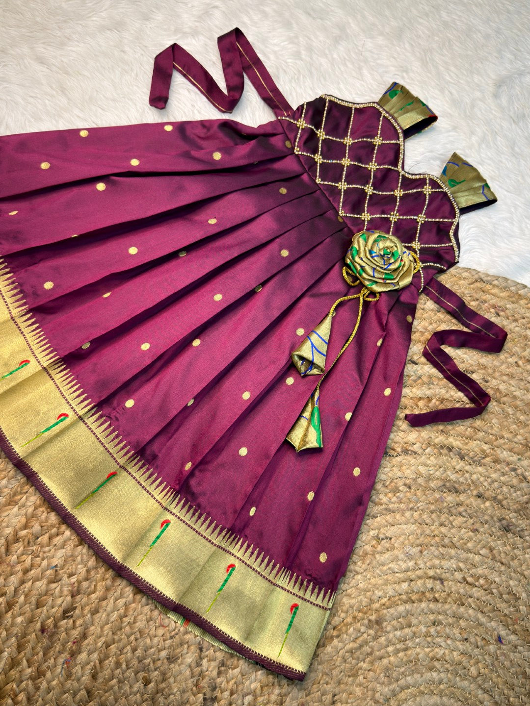 Purple Paithini Silk Sleeveless Rose Frock | CPM_0538