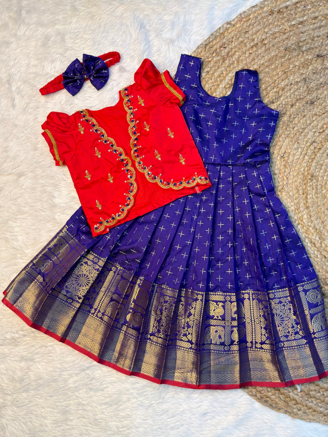 Blue & Red Semi Kanchi Silk Overcoat Aari Set | CPM_0540