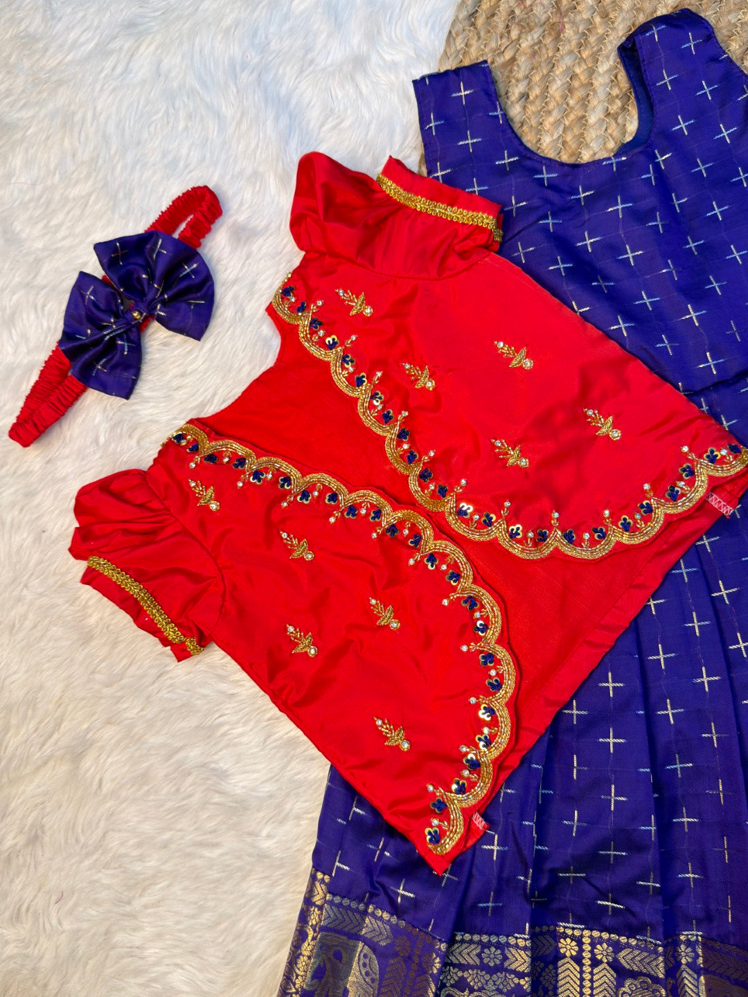 Blue & Red Semi Kanchi Silk Overcoat Aari Set | CPM_0540